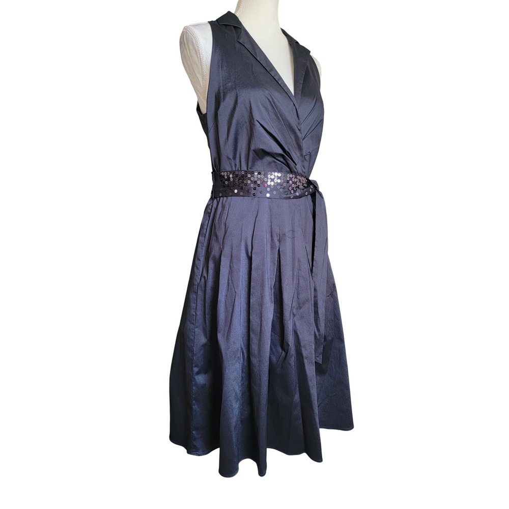 Anne Klein Black Belted Beaded Sleeveless Pleated V-Neck A-Line Midi Dress Sze 8 - Picture 3 of 10